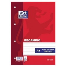 RECAMBIO A4 100 HOJAS 4 TALADROS 1 LINEA MARGEN IZQUIERDO OXFORD 400173743 (Espera 4 dias)