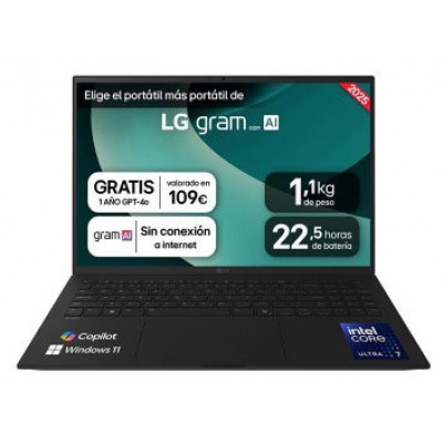 PORTATIL LG GRAM,16",16Z90T, INTEL CORE ULTRA 7, 40,6 CM, 2560 X 1600 PIXELES, 32 GB, 1 TB, WINDOWS 11 HOME (Espera 4 dias)
