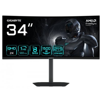GIGABYTE GS34WQCA Monitor Gaming Curvo 34" WQHD &ndash; 3440 x 1440, 1500R, 120Hz, 1ms, 300 cd/m&sup2;, FreeSync Premium, HDR Ready, HDMI 2.0, DisplayPort 1.4. (Espera 4 dias)
