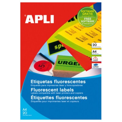 PACK 20 HOJAS (20UD.)ETIQUETAS NARANJA FLUORESCENTE PERMANENTES 210,0 X 297,0 MM APLI 2879 (Espera 4 dias)