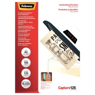 PACK 100 BOLSAS PLASTIFICACION AUTOADHESIVAS 125 MICRAS A3 FELLOWES 5329001 (Espera 4 dias)