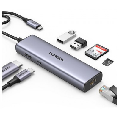 UGREEN HUB 7 EN 1, 2USB3.0, LECTORTARJETA, MICROSD, RJ45 ETHERNET GGBT1000MBPS, USB C100W (Espera 4 dias)