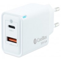 CARGADOR PARED/VIAJE 3.0 GaN USB-C/PD + USB-A 30W BLANCO COOLBOX (Espera 4 dias)