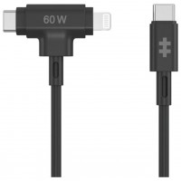 HYPER SILICONE USB-C TO USB-C AND LIGHTNING HYBRID 60W CABLE - BLACK