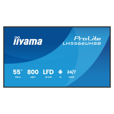 MONITOR IIYAMA 55" , UHD IPS PANEL, HAZE 1%, 800CD/M, HORIZ Y VERT, SIGNAL FAILOVER, MM 2X 10W,  HDMI 2X, DP, USB 2.0 X2, WIFI, LAN, WALL MOUNT INCL, CONTROL LAN / RS232C, IISIGNAGE2  E-SHARE, ANDROID 11 OS,  24/7,(400X400)(LH5566UHSB-B1AG) (Espera 4
