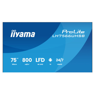 MONITOR IIYAMA 75" , UHD IPS PANEL, HAZE 1%, 800CD/M, HORIZ Y VERT, SIGNAL FAILOVER, MM 2X 10W,  HDMI 2X, DP, USB 2.0 X2, WIFI, LAN, WALL MOUNT INCL, CONTROL LAN / RS232C, IISIGNAGE2  E-SHARE, ANDROID 11 OS,  24/7,(800X800)(LH7566UHSB-B1AG) (Espera 4