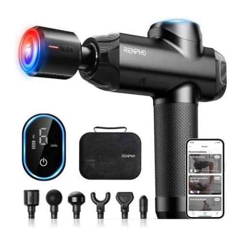 RENPHO POWER+ - MASSAGE GUN - 6 MASSAGE HEADS & 6 SPEEDS - BLE - 12MM AMPLITUDE - BLACK, CONNECTED TO THE APP (INSTANT HEAT & COOLING HEAD) (Espera 4 dias)