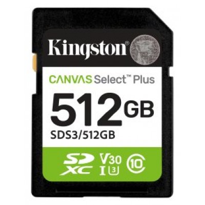 Kingston Technology 512 GB SDXC Canvas Select Plus Gen3 150 MB/s C10 UHS-I U3 V30 (Espera 4 dias)