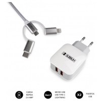 SUBBLIM CARGADOR USB DE VIAJE/PARED 2xUSB (2.4A) + CABLE 3EN1 WHITE Plata, Blanco Interior (Espera 4 dias)