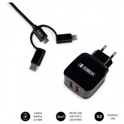 SUBBLIM CARGADOR USB DE VIAJE/PARED 2xUSB (2.4A) + CABLE 3EN1 BLACK Negro Interior (Espera 4 dias)