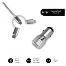 CARGADOR USB COCHE 2xUSB (2.4A) + CABLE 3EN1 PLATA SUBBLIM (Espera 4 dias)